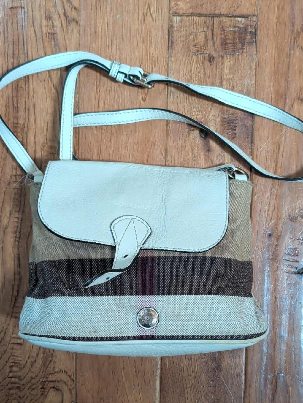 Burberry Gowan House Check Beige Canvas & Brown Stripe Crossbody DEFECTIVE